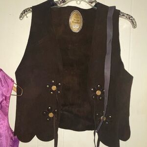 Brown Leather Vest with Floral Accents